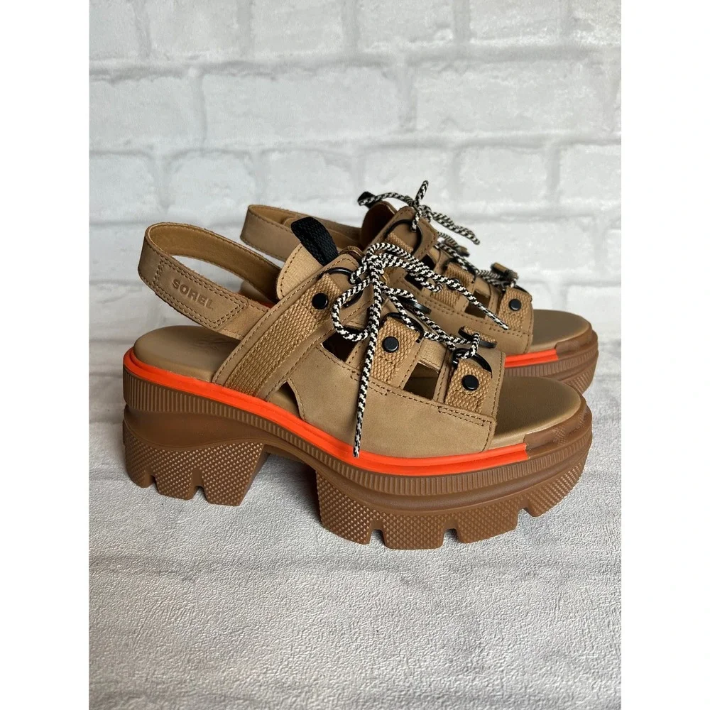 NWOT Sorel Kinetic Rein CB Lace Platform Sandal Tan Orange Womens gorpcore y2k